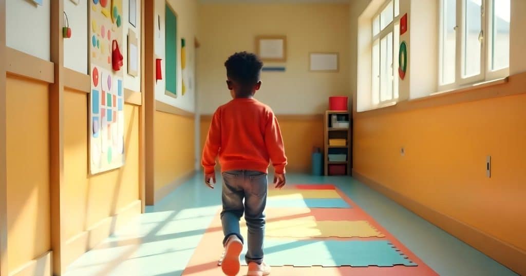 A boy walking through a sensory hallway in school https://www.autismparentingmagazine.com/sensory-hallway/